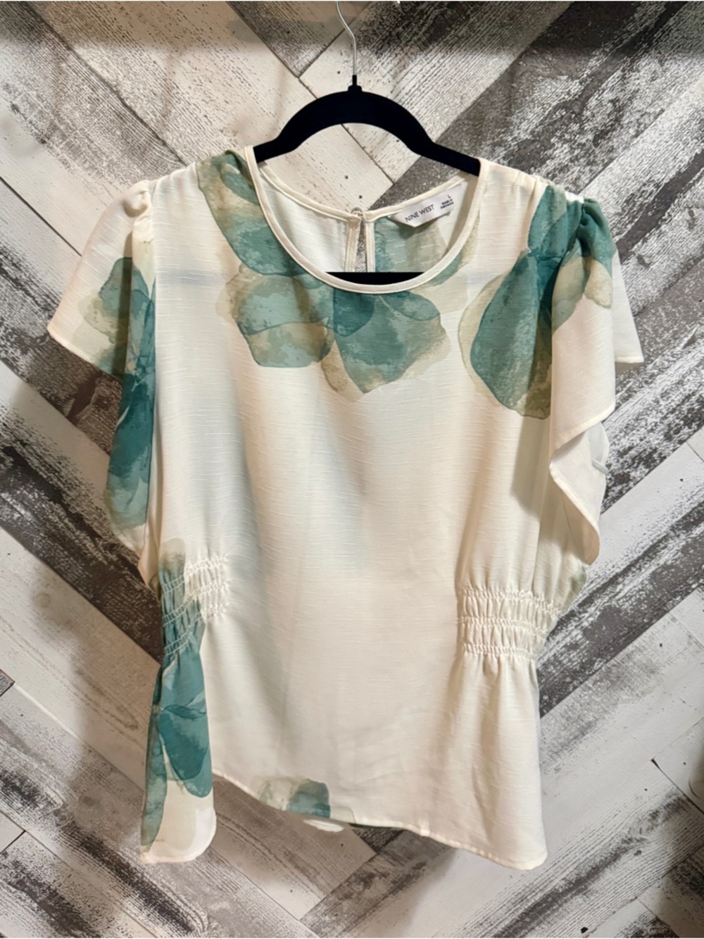 Nine West Cream Blouse with Teal Floral Accents